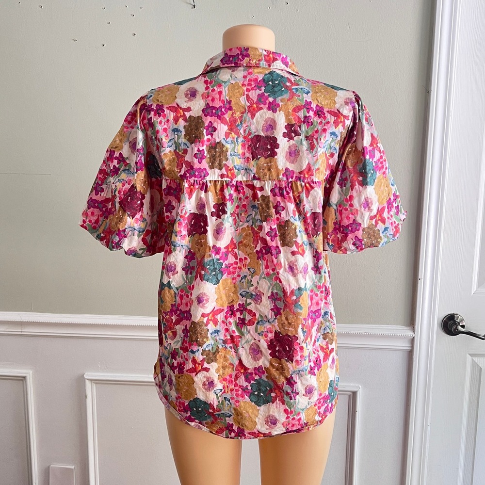 Floral Puff Sleeve Blouse Womens Large Pink Cotton Babydoll V-Neck Top Cottage - Picture 7 of 9